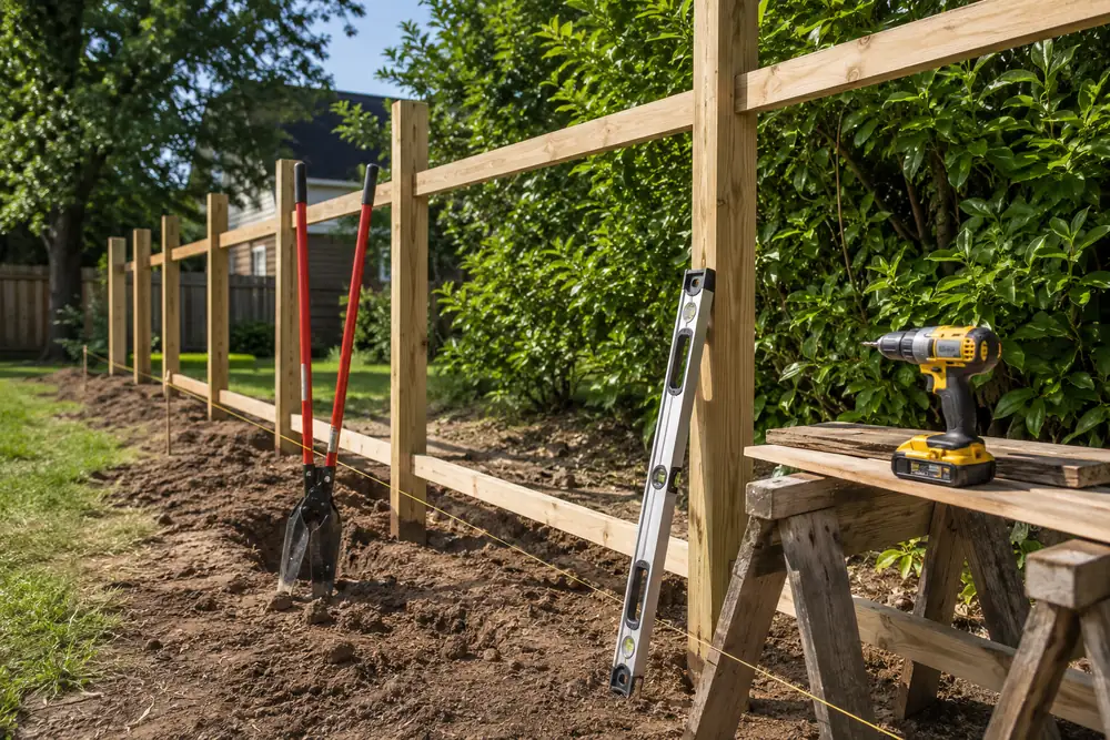 Fence-building tools staged along a half-built wooden privacy fence: post hole digger, drill, and level