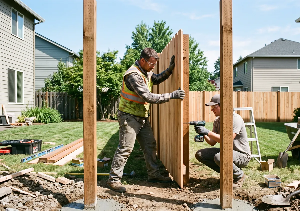 Two installers set a wooden privacy fence panel between fresh posts in a suburban backyard