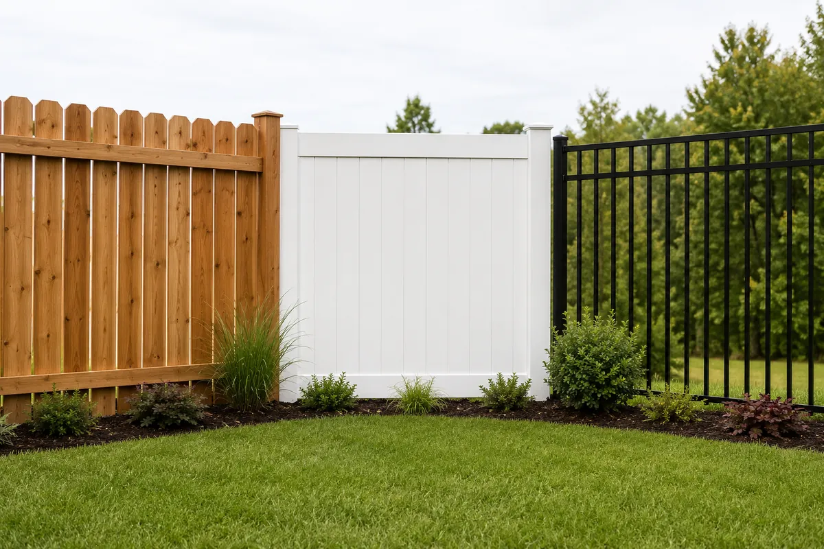 Cedar wood, white vinyl, and black aluminum fence sections meet in one backyard corner
